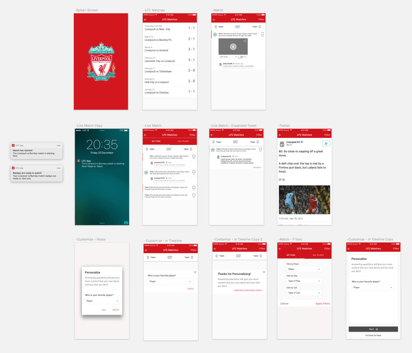 High-fidelity mockups of the app