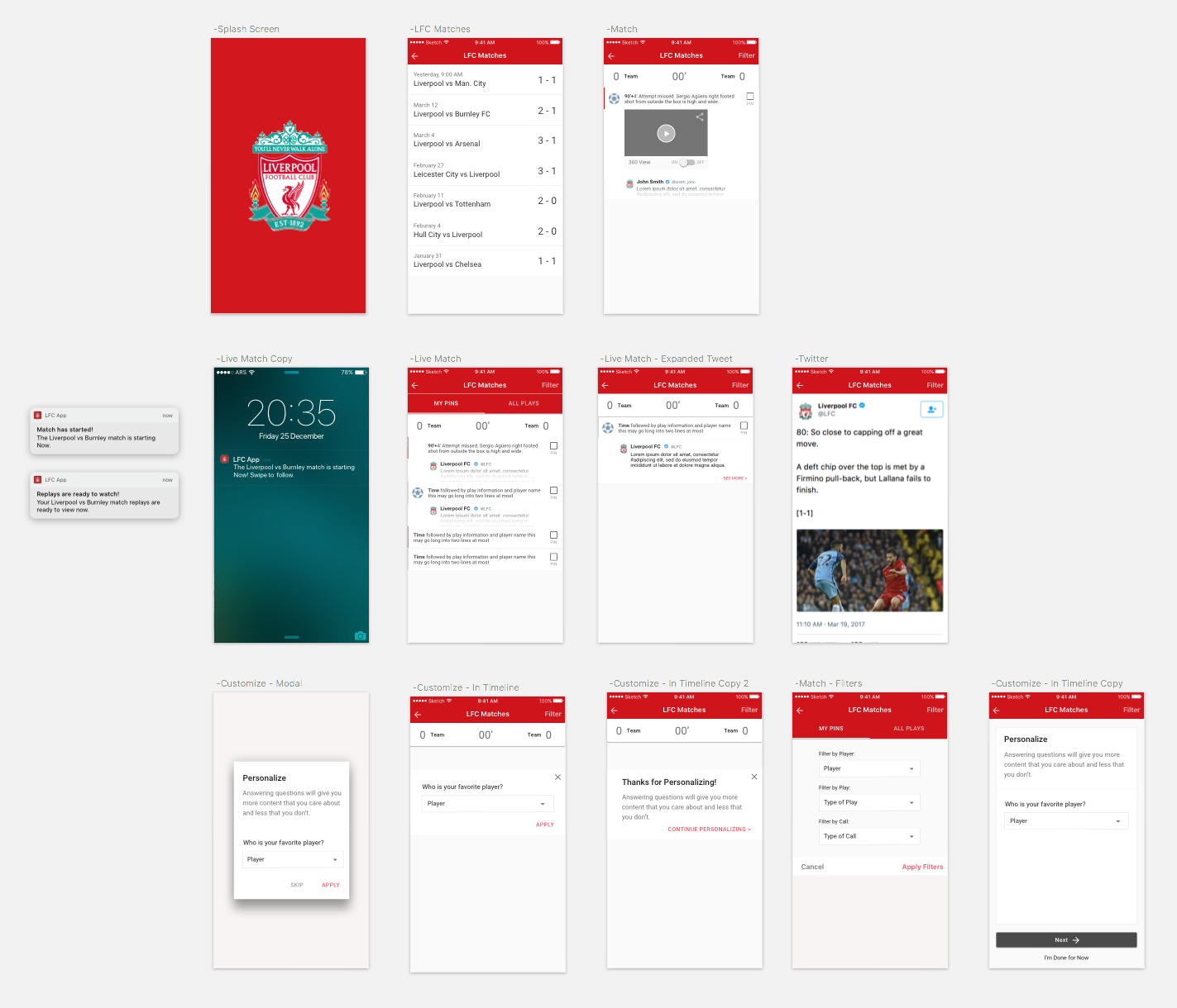 High-fidelity mockups of the app.