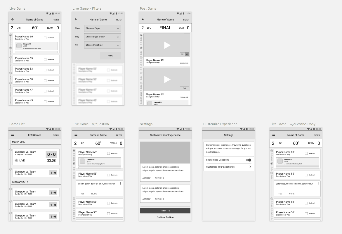 Wireframes of the app.